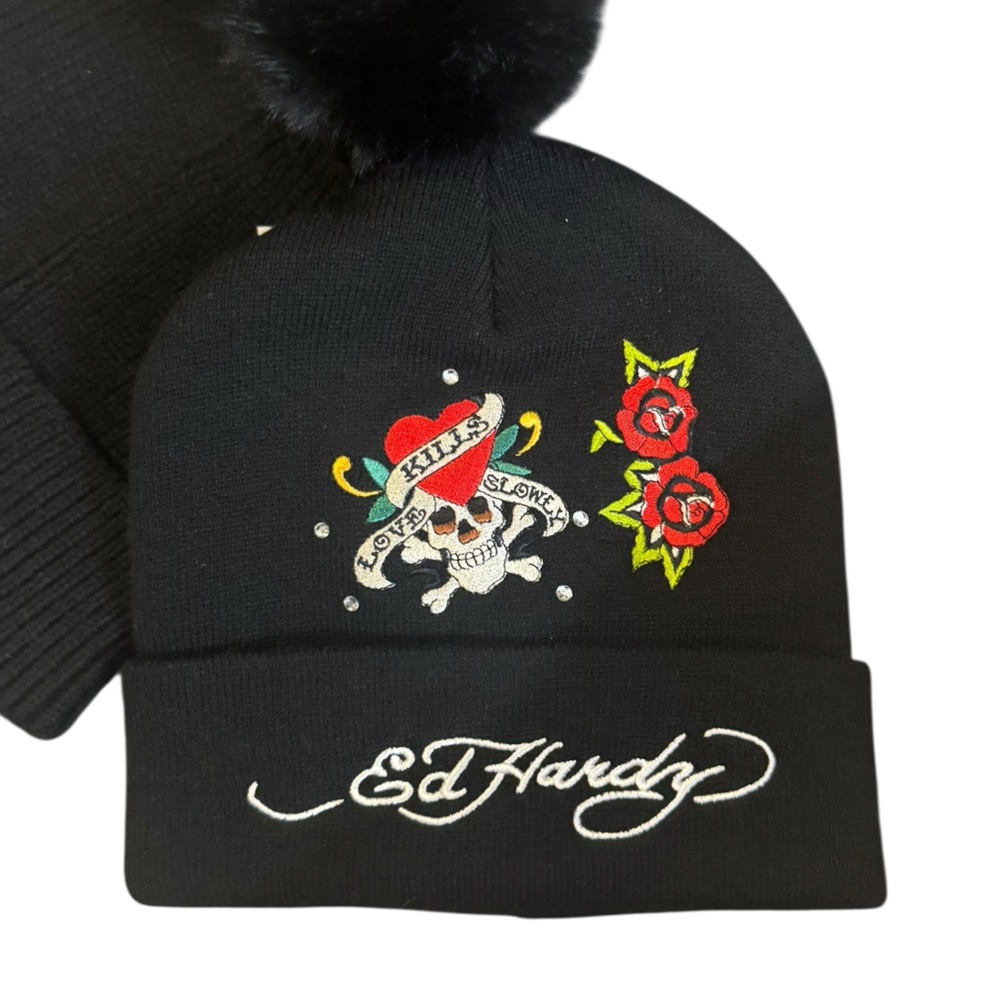 Ed Hardy Black Beanie with Skull and Roses & black beanie with pom-pack of 2